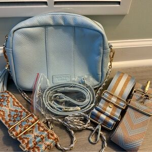 Pom Pom London Ice Blue Leather Crossbody Bag with Interchangeable Straps